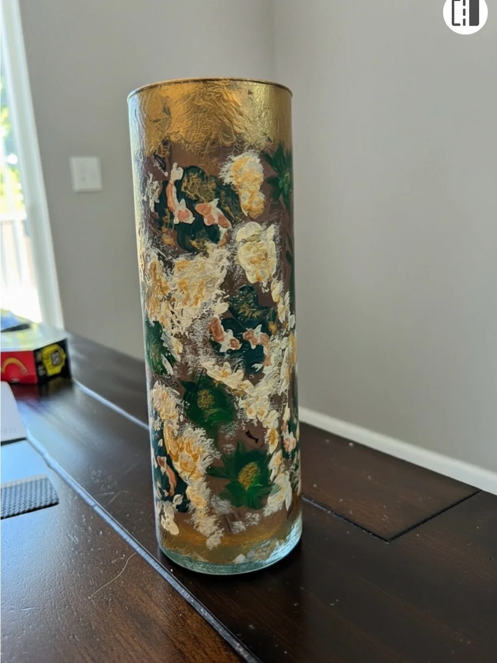 Gold Floral Hand-Painted Glass Vase -New